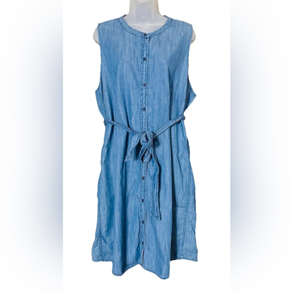 J. Crew 2X Shirt Dress Chambray Blue Tie Waist Belted Button Front Crew Neck